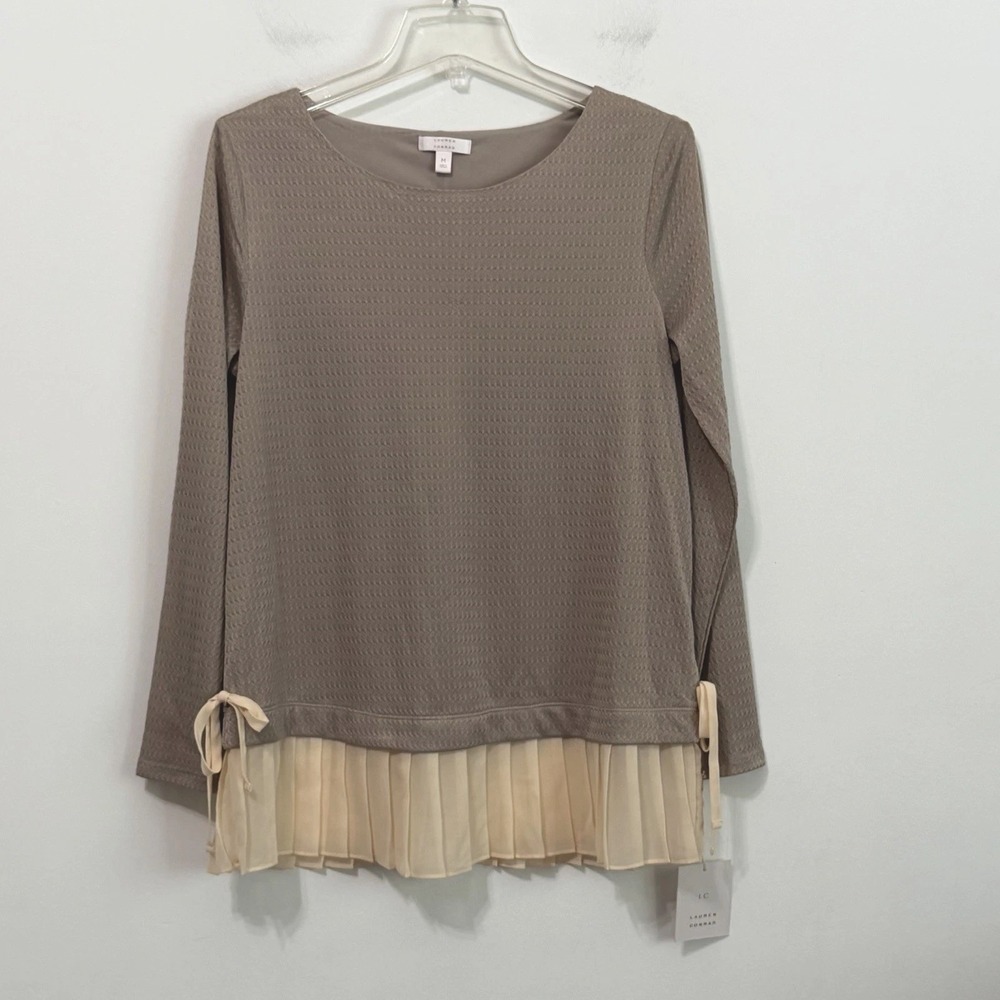 Lauren Conrad Popover Top M Tea Room Dream Taupe Long Sleeve Sheer Pleat Hem NEW